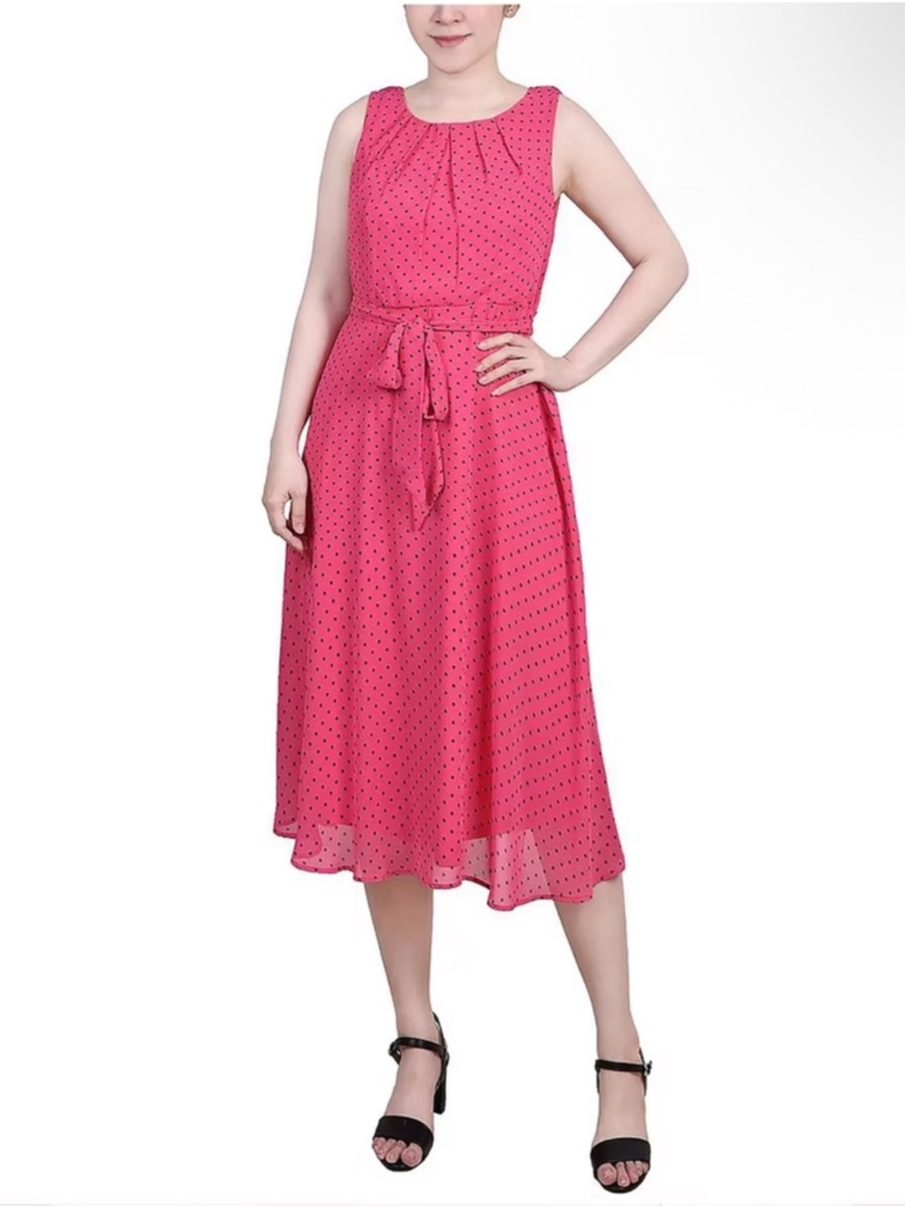 NY Collection Pink Polka Dot Sleeveless Midi Dress
